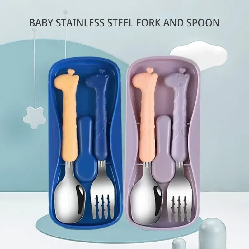 2PCS/Set Childrens Tableware Food Grade Stainless Steel Knife and Fork Baby Eating Training Utensils Baby Bottles Baby Spoons