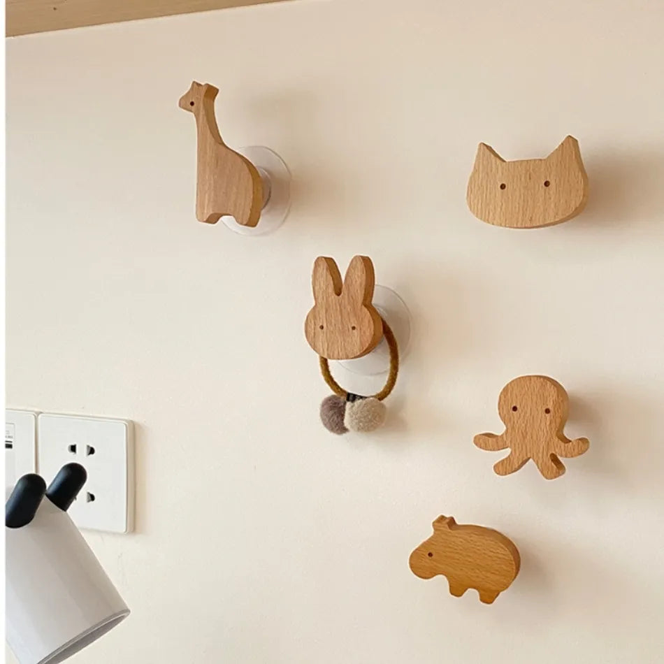 1pcs Wooden Hooks Cute Room Decor Animal Hook Wall Keychain Coat Hook Home Decoration Solid Wood Hook Hanger Kitchen Accessories